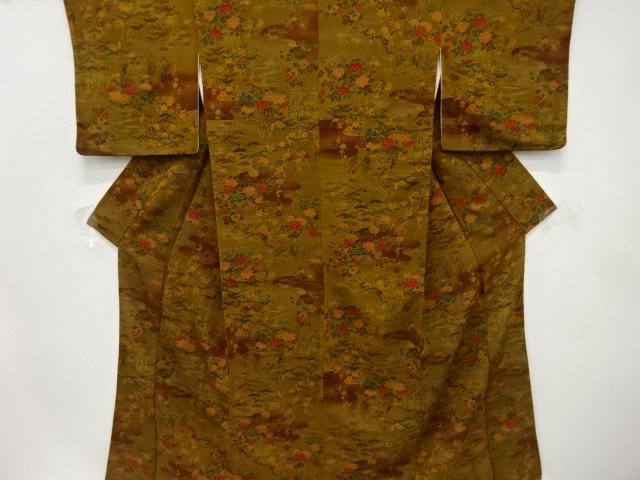 縮緬地　屋敷風景に草花模様　小紋着物